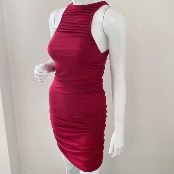 Rachel Pally Red High Neck Racerback Sleeveless Dress w Ruching on Sides - Picture 2 of 8